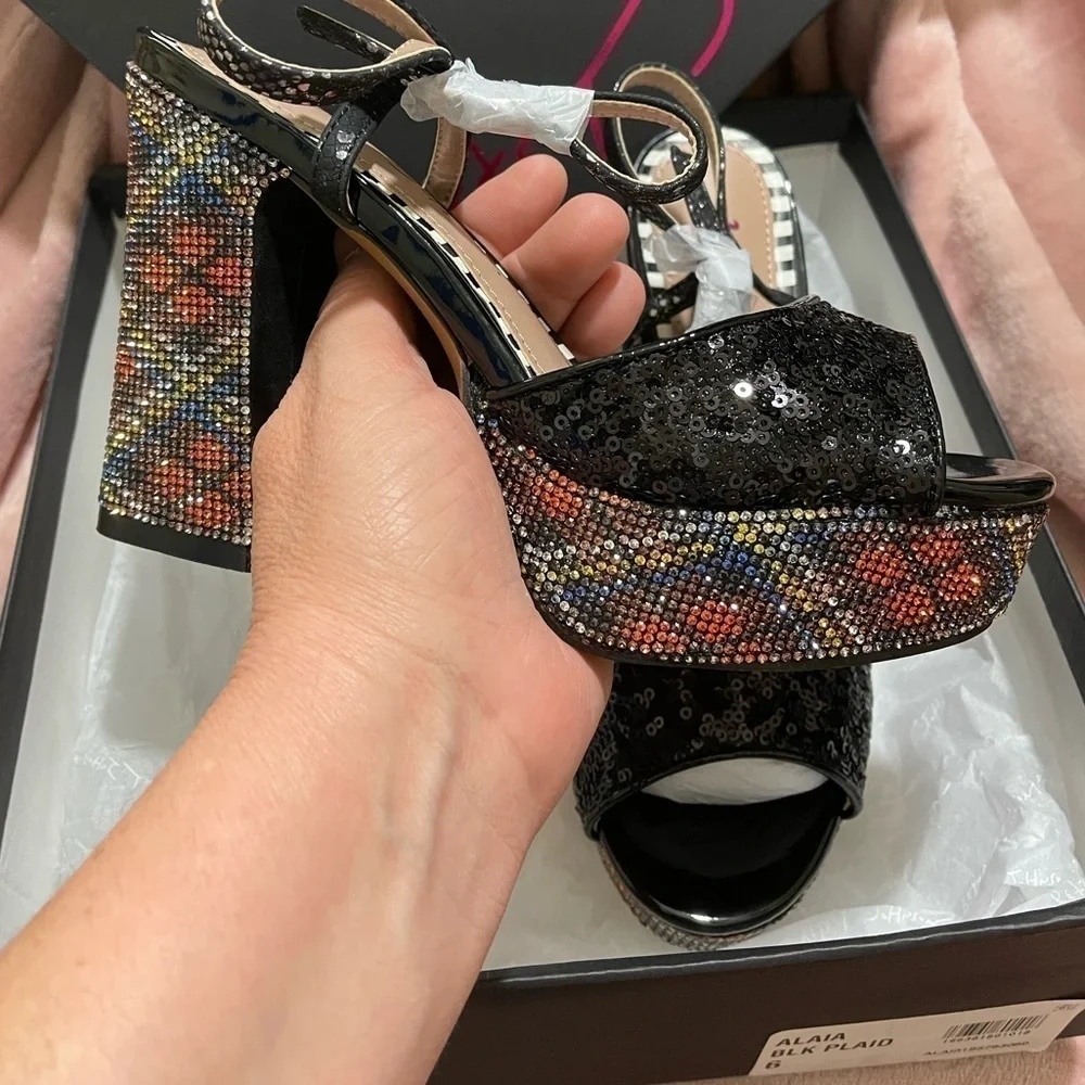 Betsey Johnson Alaia Black Plaid Sequin Crystal Platform Heels Sz. 6 BNIB
